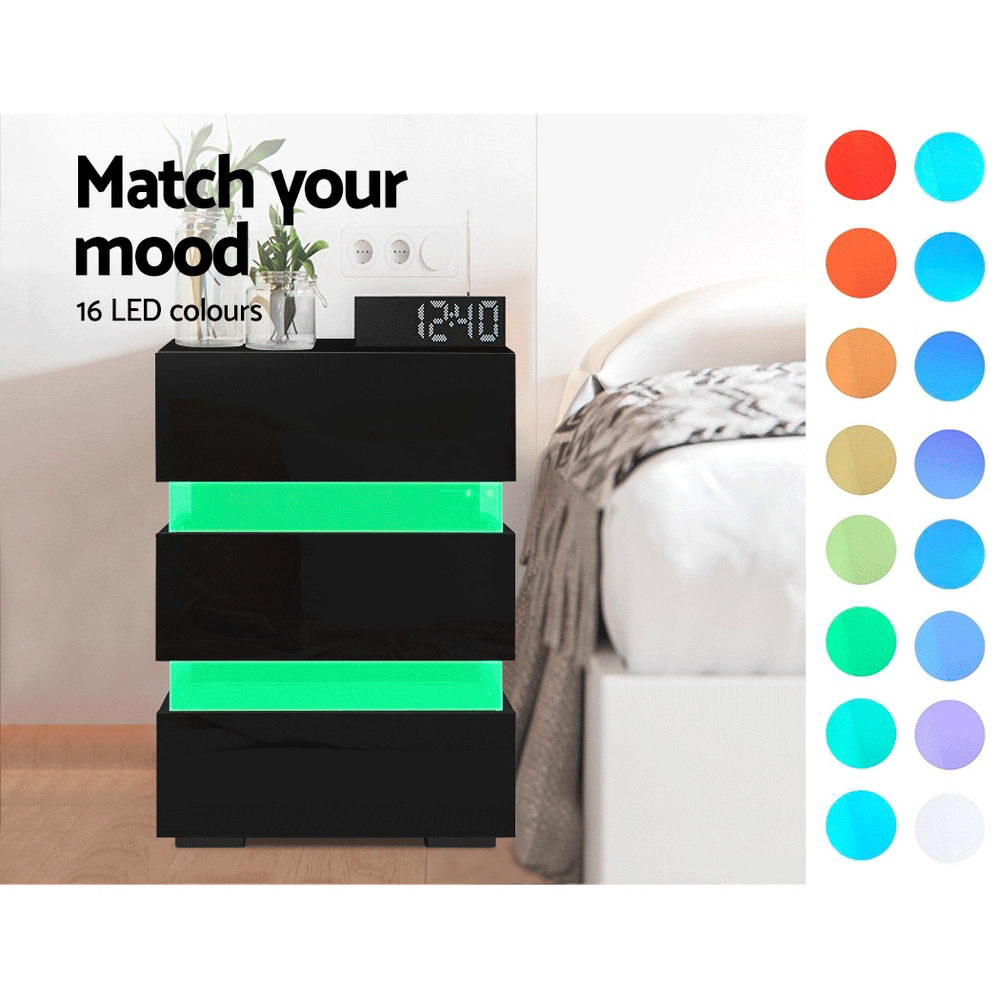 Artiss Lumi Black LED Bedside Table with Three Drawers