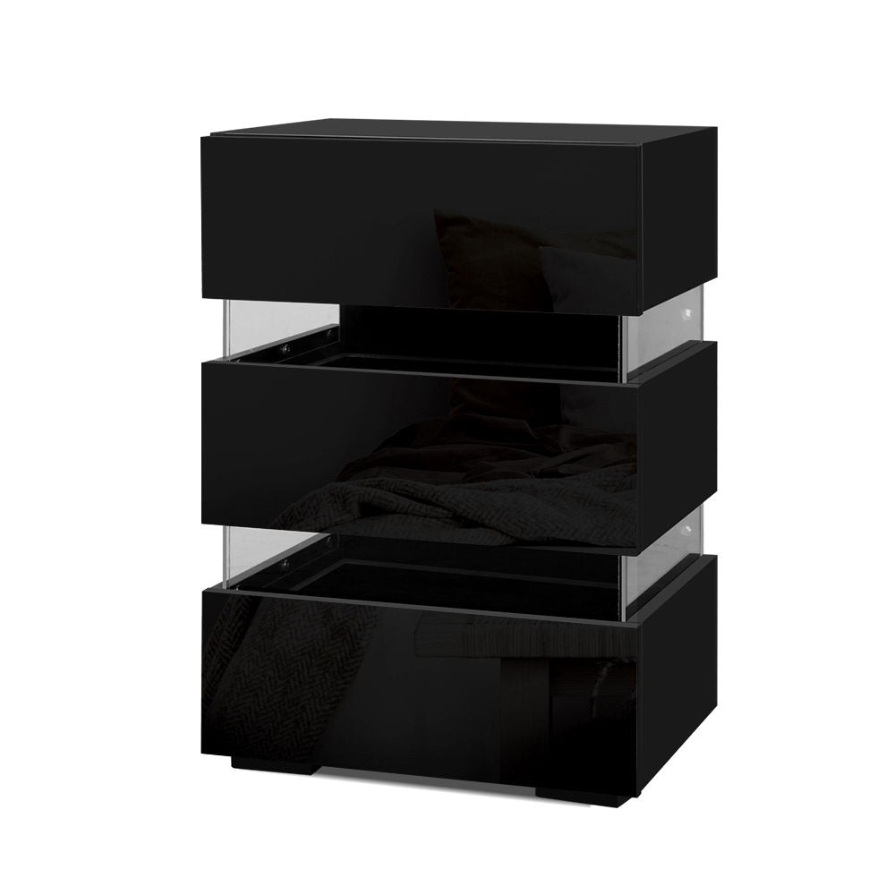Artiss Lumi Black LED Bedside Table with Three Drawers