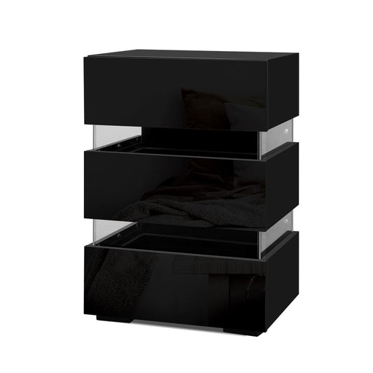Artiss Lumi Black LED Bedside Table with Three Drawers