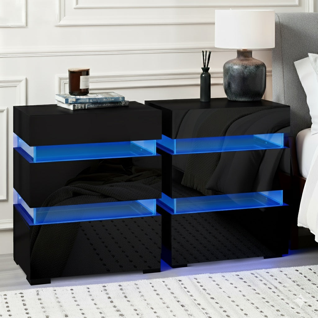 Artiss Lumi Black LED Bedside Tables, Set of 2