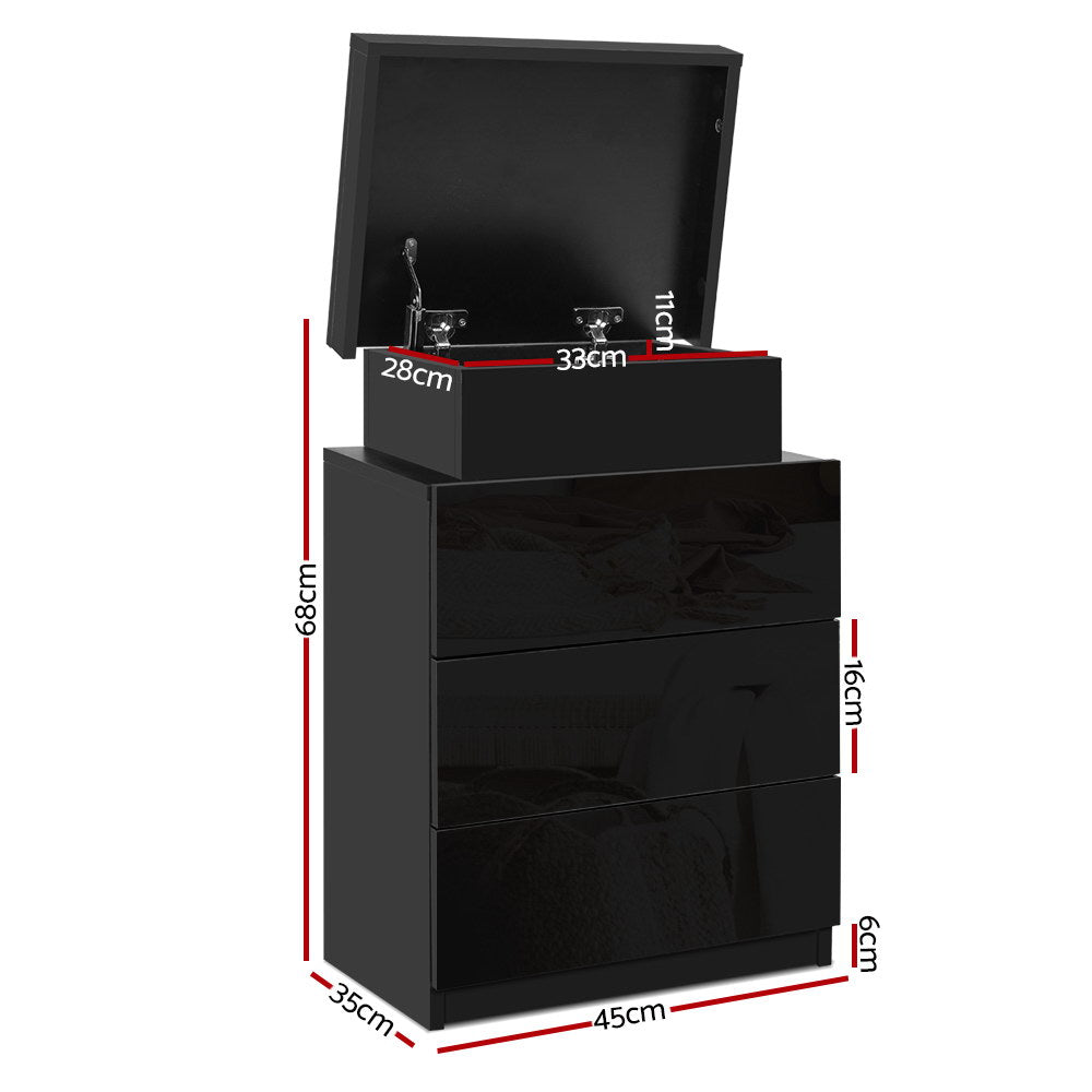 Artiss Coley Black LED Bedside Table with Three Drawers