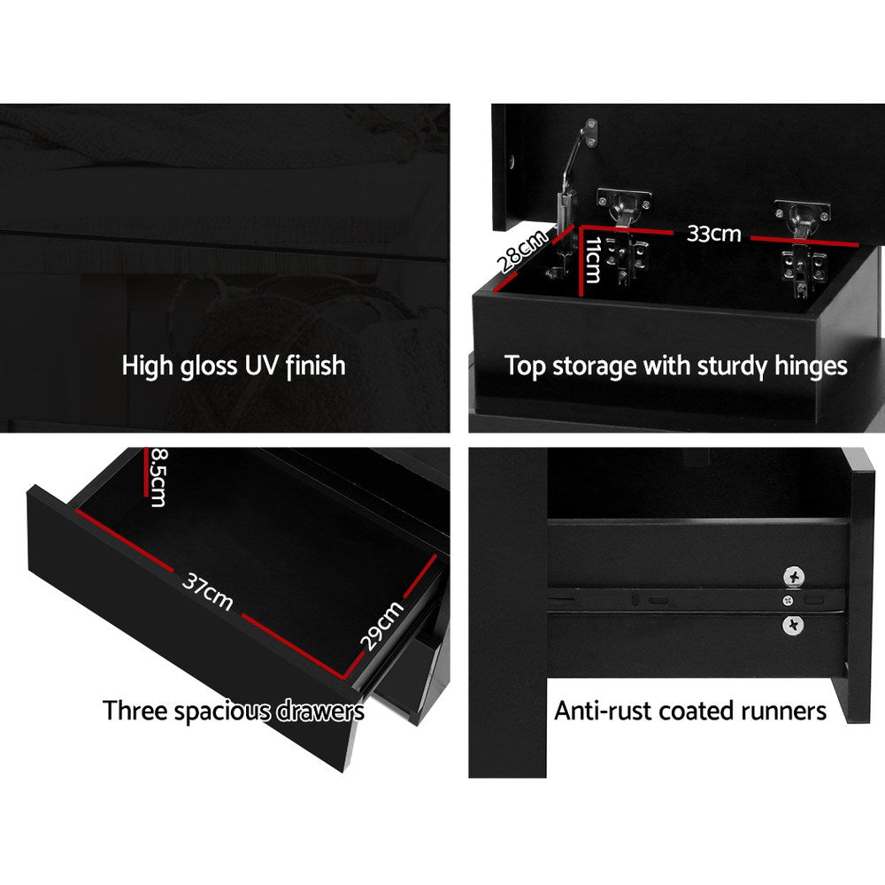 Artiss Coley Black LED Bedside Table with Three Drawers