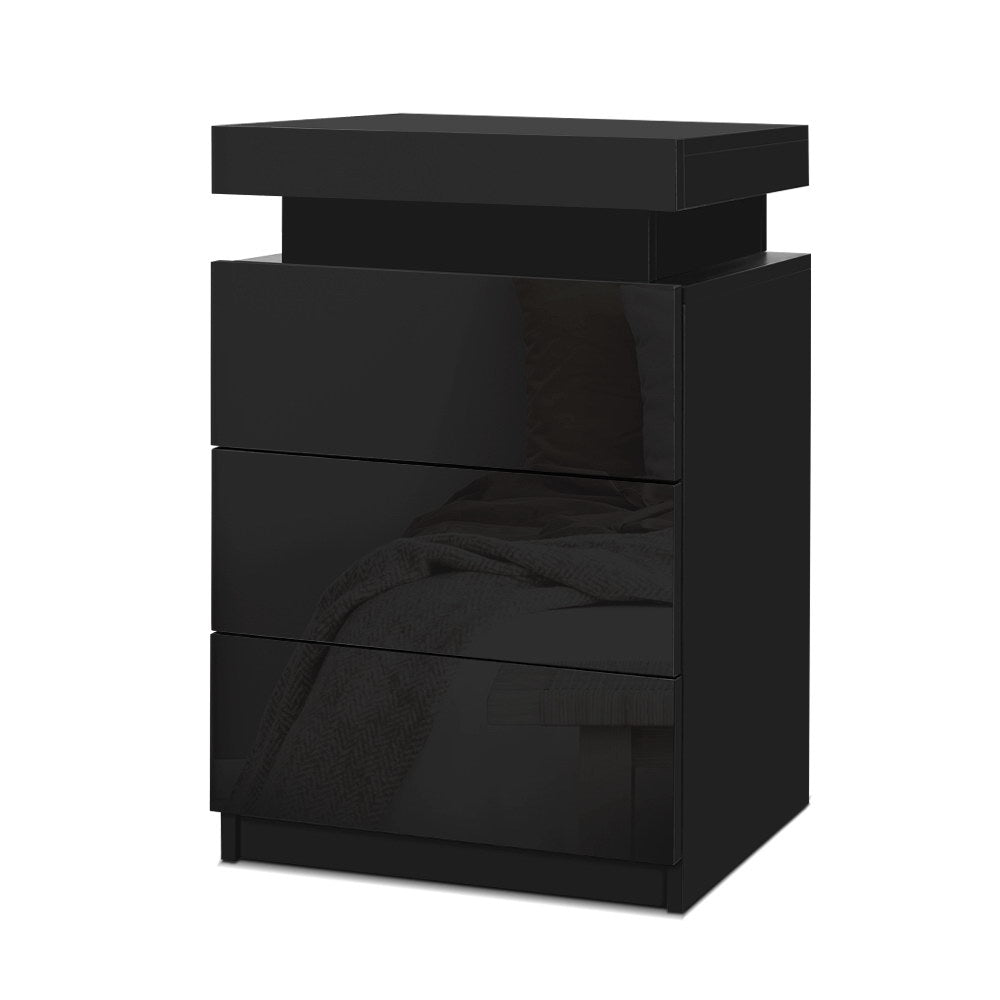 Artiss Coley Black LED Bedside Table with Three Drawers