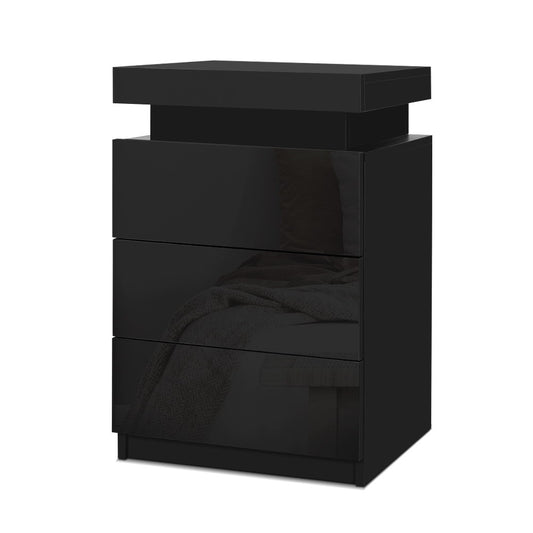 Artiss Coley Black LED Bedside Table with Three Drawers