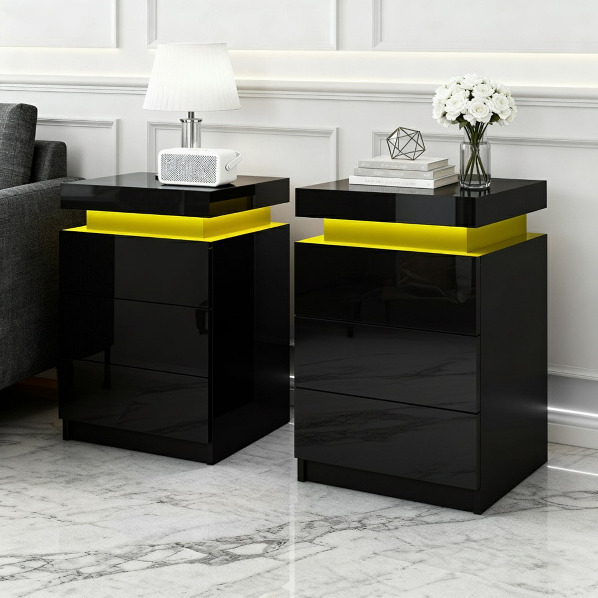 Artiss Coley Black LED Bedside Tables, Set of 2