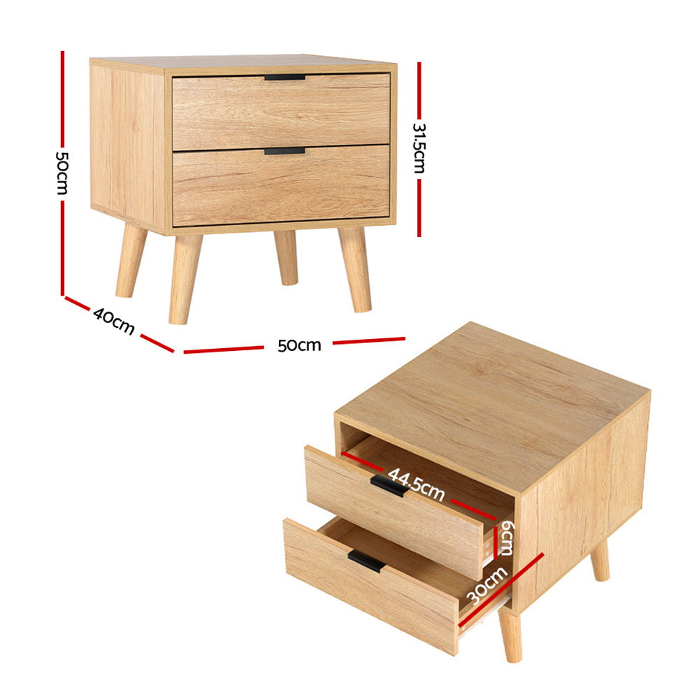 Artiss Pine Finish Bedside Table with Two Drawers, 50 cm