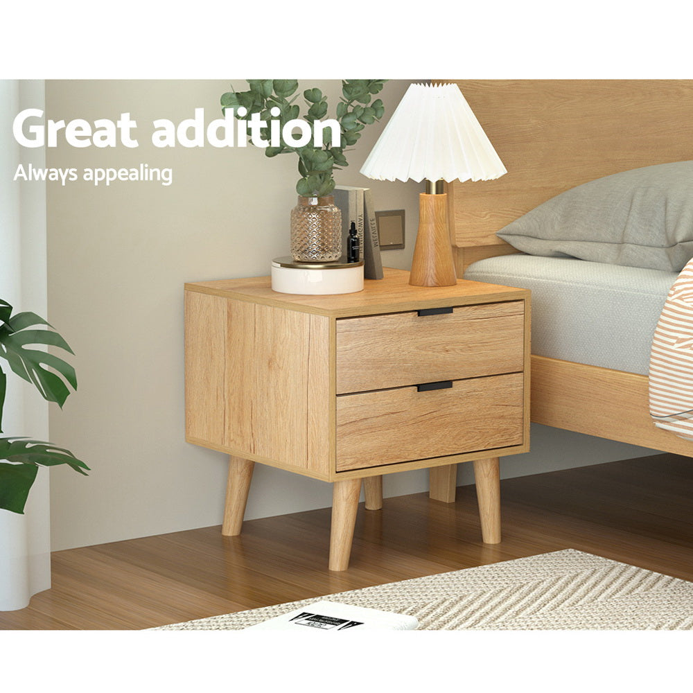 Artiss Pine Finish Bedside Table with Two Drawers, 50 cm