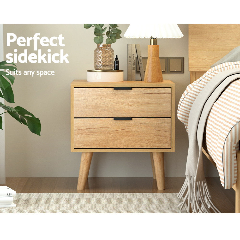 Artiss Pine Finish Bedside Table with Two Drawers, 50 cm