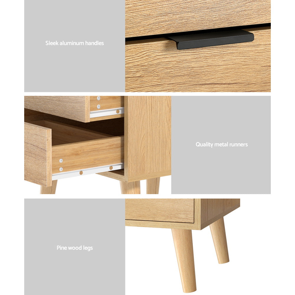Artiss Pine Finish Bedside Table with Two Drawers, 50 cm