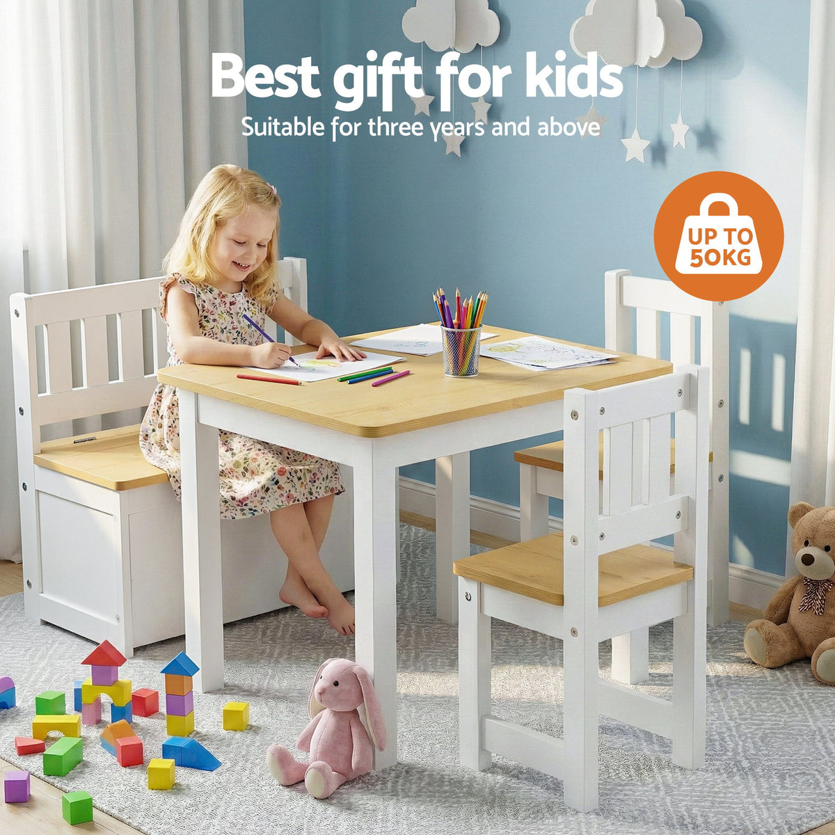 Keezi Kids Table, Two Chairs and Storage Bench Set