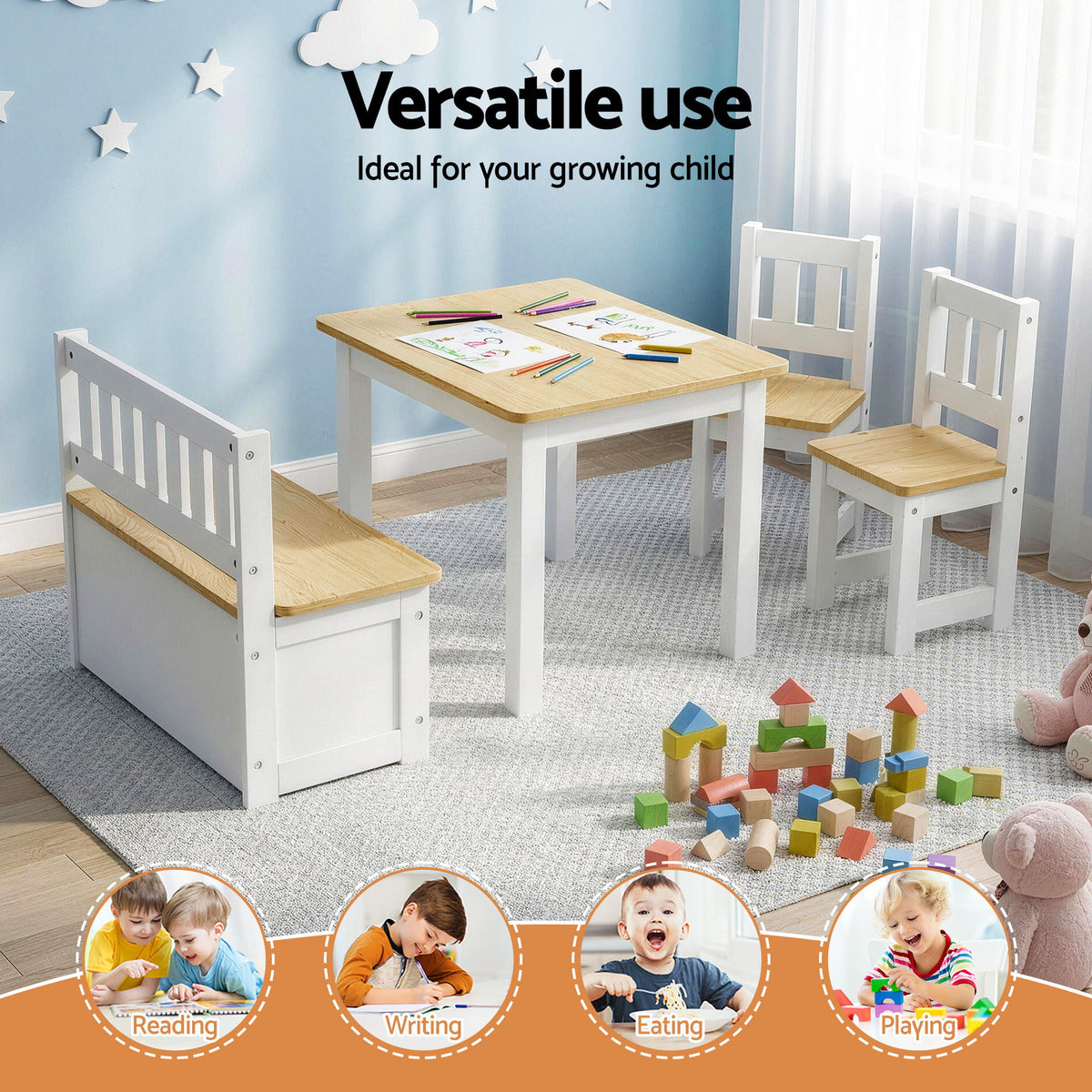 Keezi Kids Table, Two Chairs and Storage Bench Set