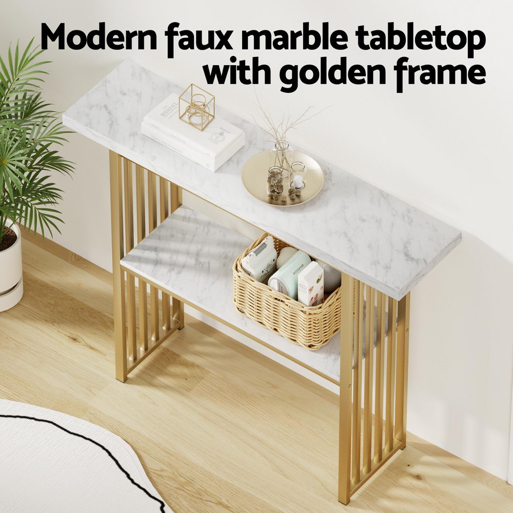 Artiss White and Gold Marble Effect Console Table, 120 cm