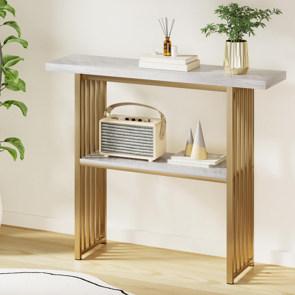 Artiss White and Gold Marble Effect Console Table, 120 cm