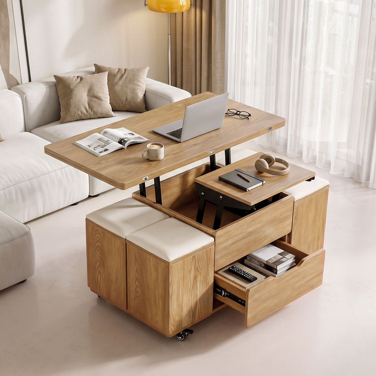 Fittro Natural Lift Top Coffee Table with Four Chairs
