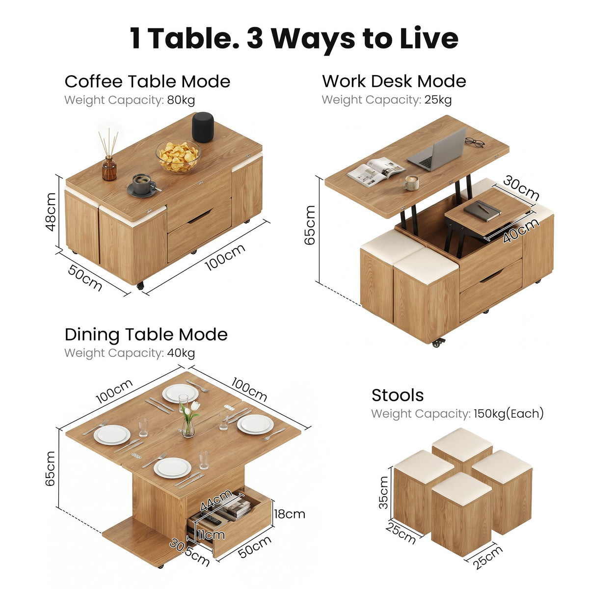 Fittro Natural Lift Top Coffee Table with Four Chairs