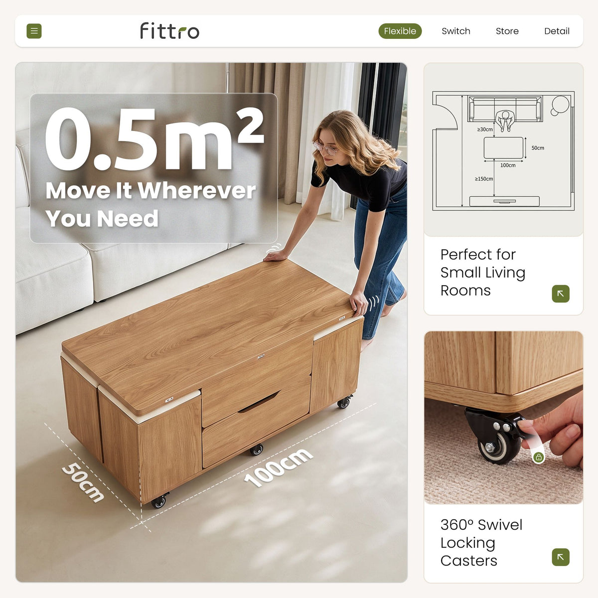 Fittro Natural Lift Top Coffee Table with Four Chairs