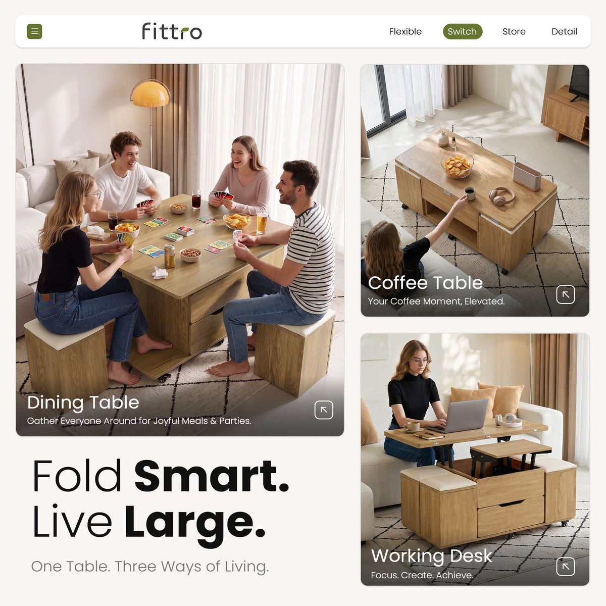 Fittro Natural Lift Top Coffee Table with Four Chairs