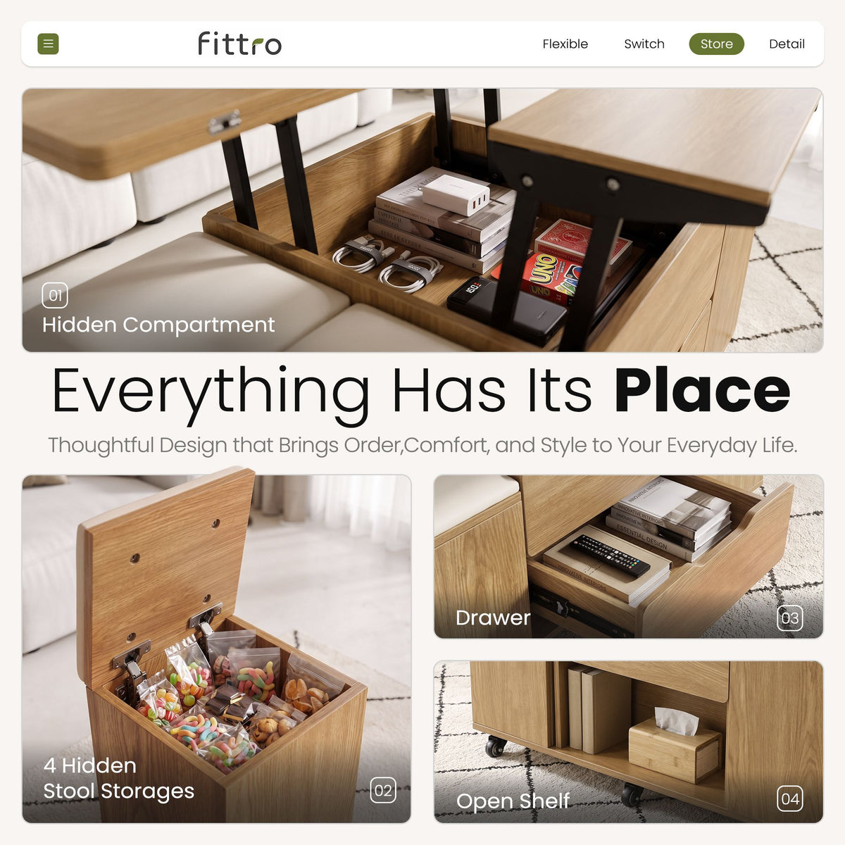 Fittro Natural Lift Top Coffee Table with Four Chairs