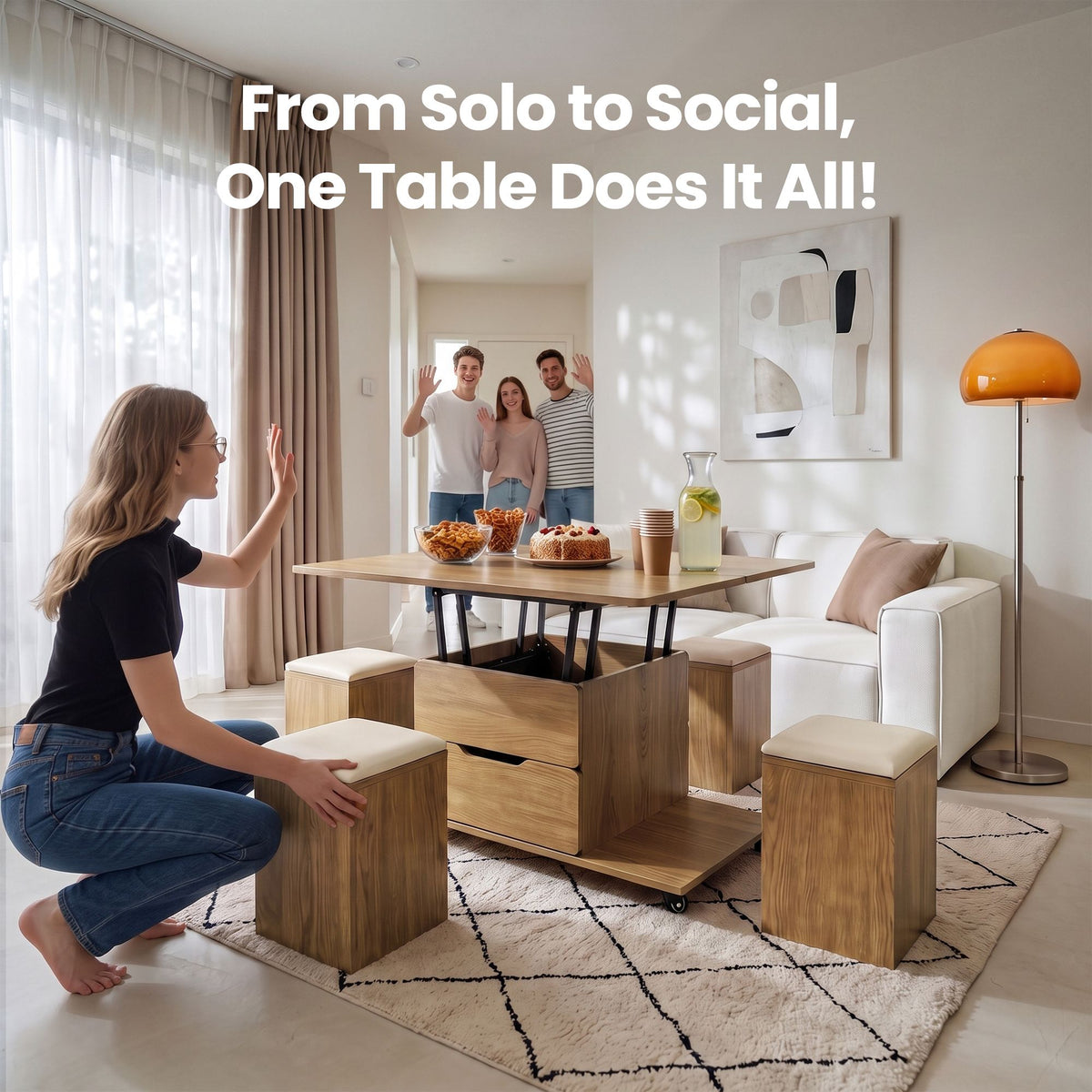 Fittro Natural Lift Top Coffee Table with Four Chairs