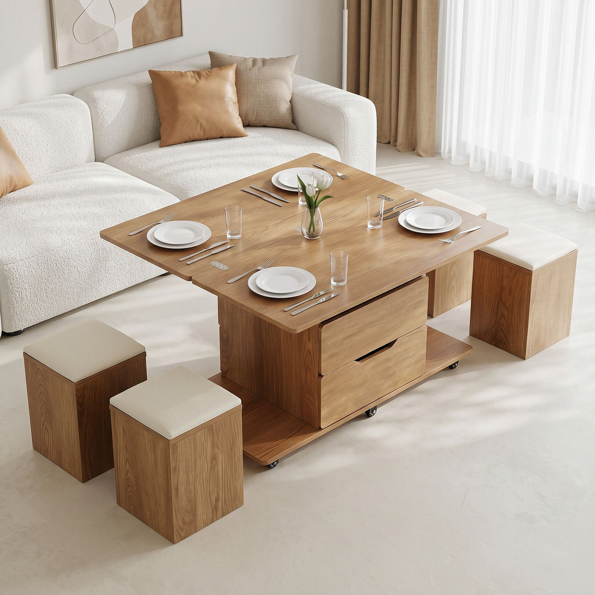 Fittro Natural Lift Top Coffee Table with Four Chairs