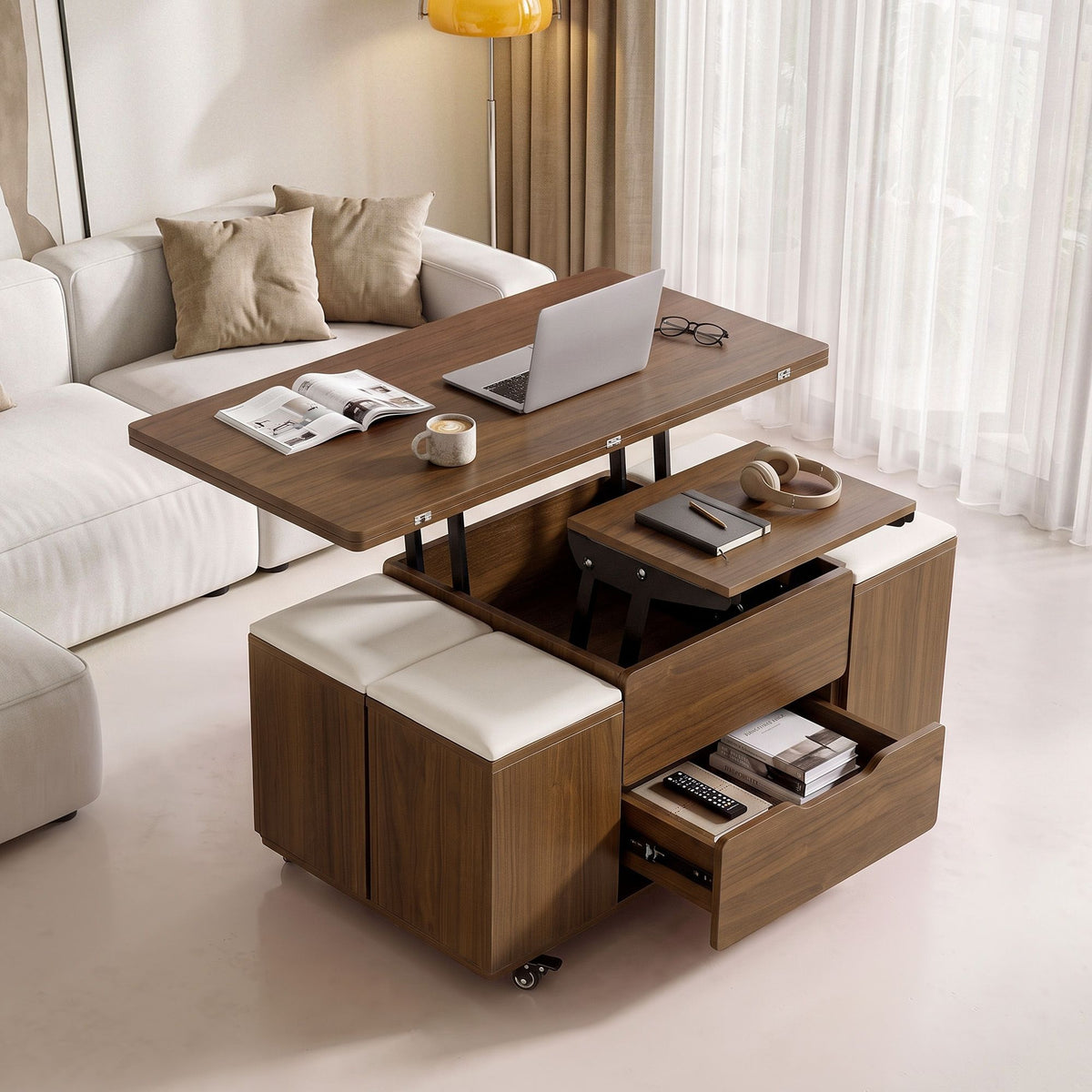 Fittro Walnut Lift Top Coffee Table with Four Chairs