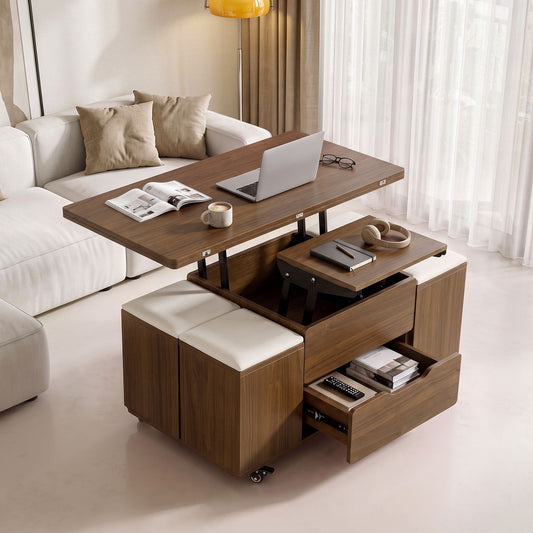 Fittro Walnut Lift Top Coffee Table with Four Chairs