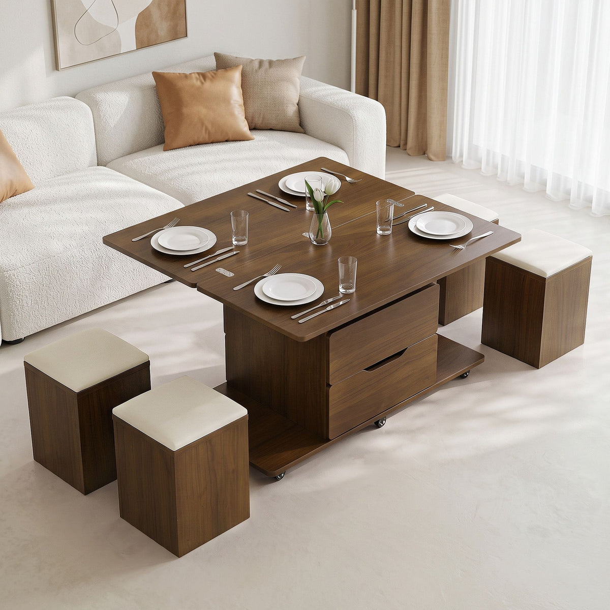 Fittro Walnut Lift Top Coffee Table with Four Chairs