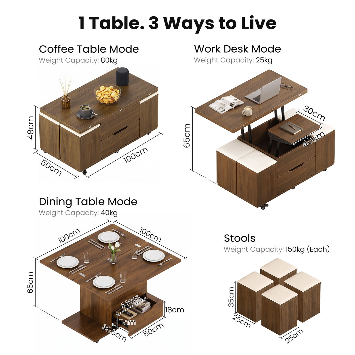 Fittro Walnut Lift Top Coffee Table with Four Chairs