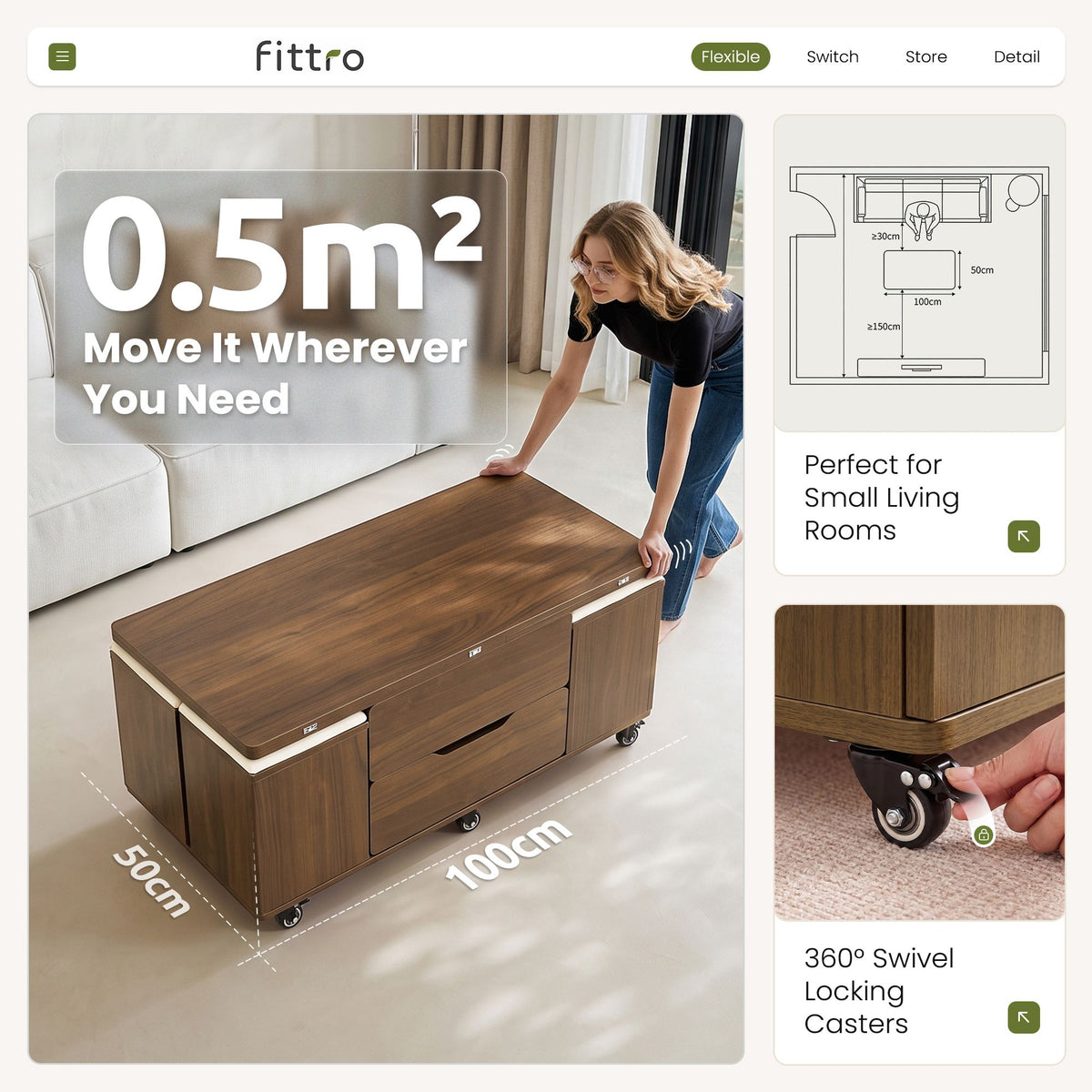 Fittro Walnut Lift Top Coffee Table with Four Chairs