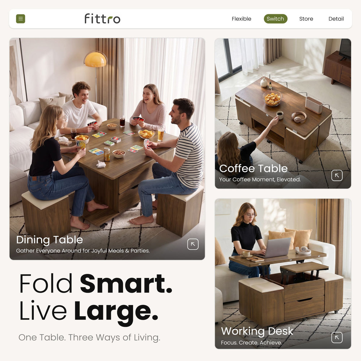 Fittro Walnut Lift Top Coffee Table with Four Chairs