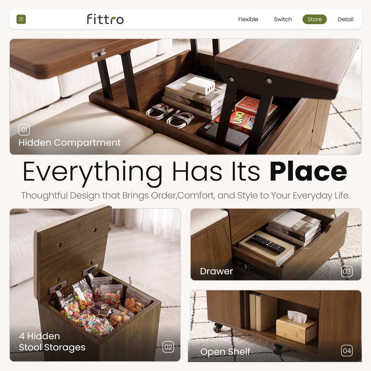 Fittro Walnut Lift Top Coffee Table with Four Chairs