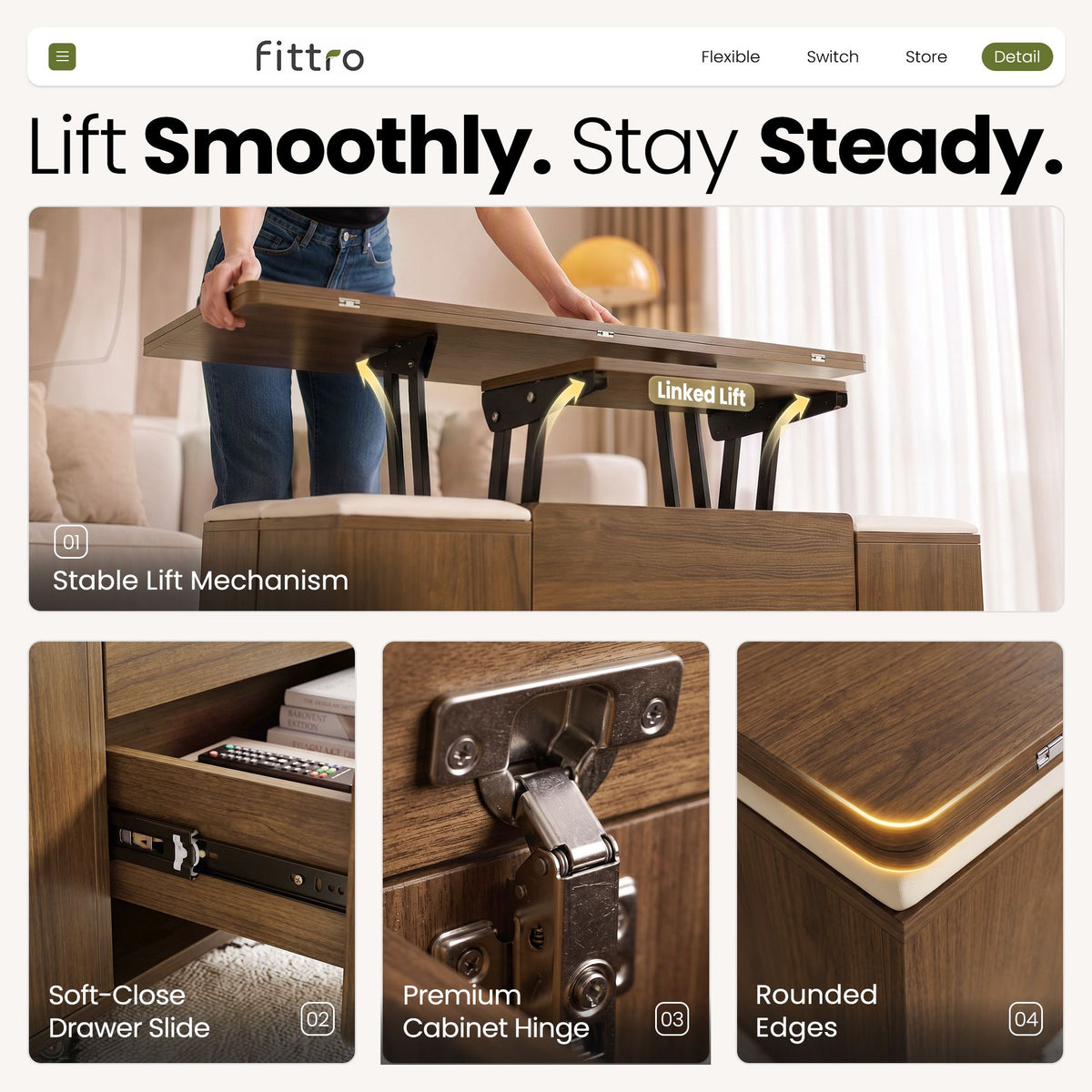 Fittro Walnut Lift Top Coffee Table with Four Chairs