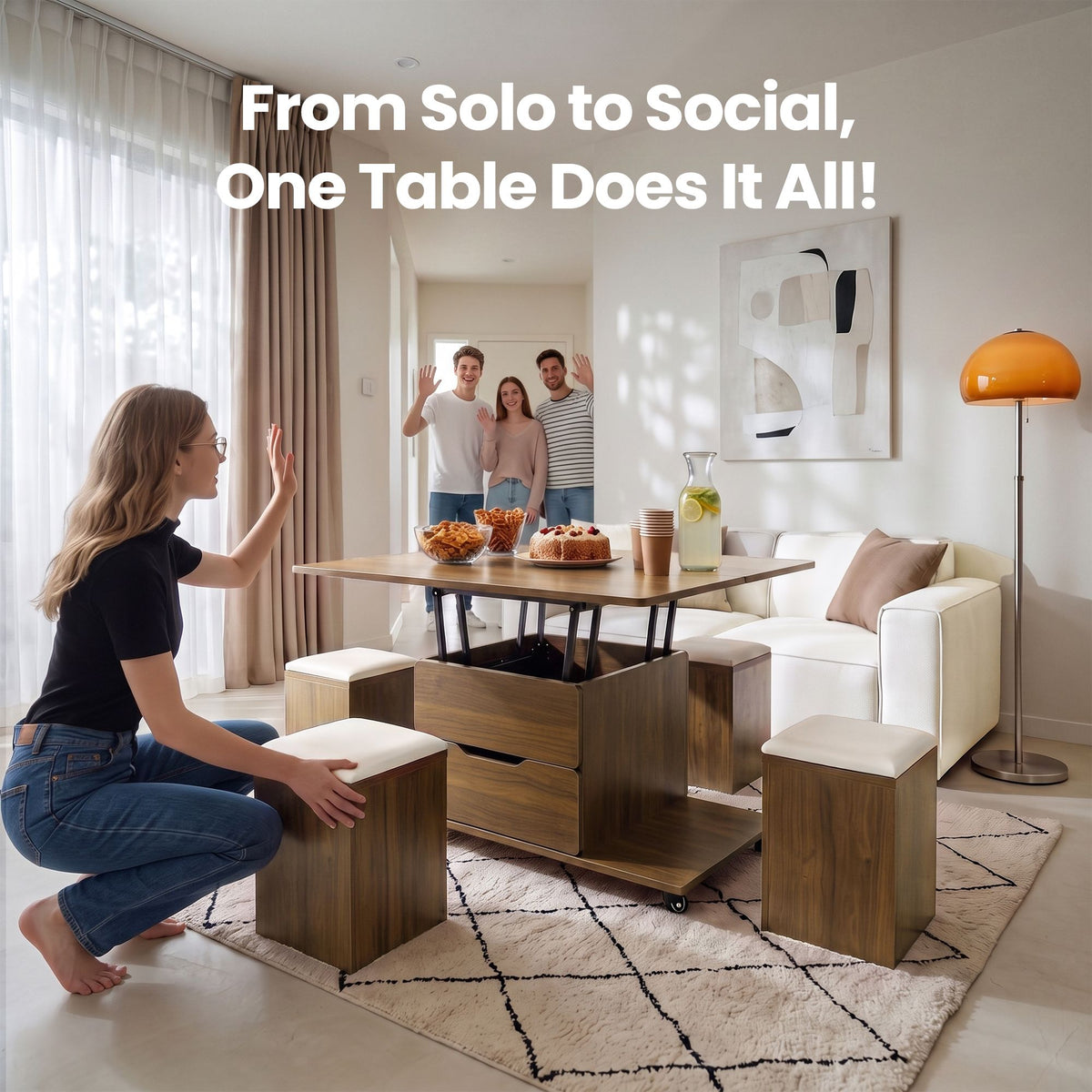 Fittro Walnut Lift Top Coffee Table with Four Chairs