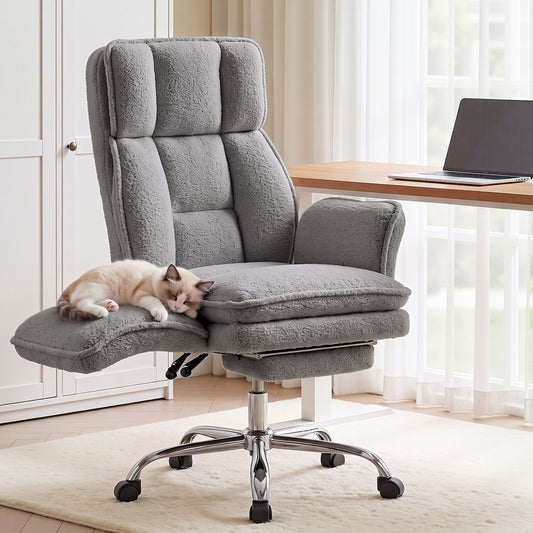 Artiss Big & Tall Criss Cross Office Chair with Flip Armrests Foot Rest Reclining Teddy Fleece Grey