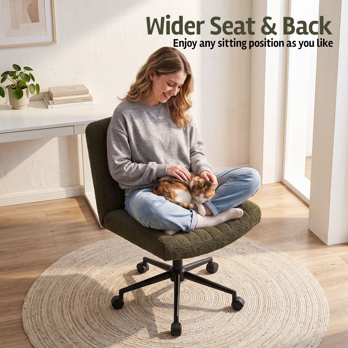 Artiss Armless Cross Legged Office Chair Wide Seat Vanity Chair Teddy Fleece Green