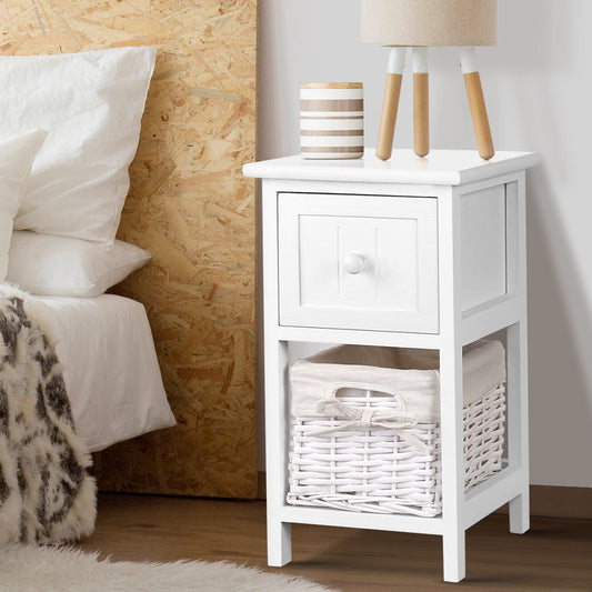 Artiss White Bedside Tables with Baskets, Set of 2