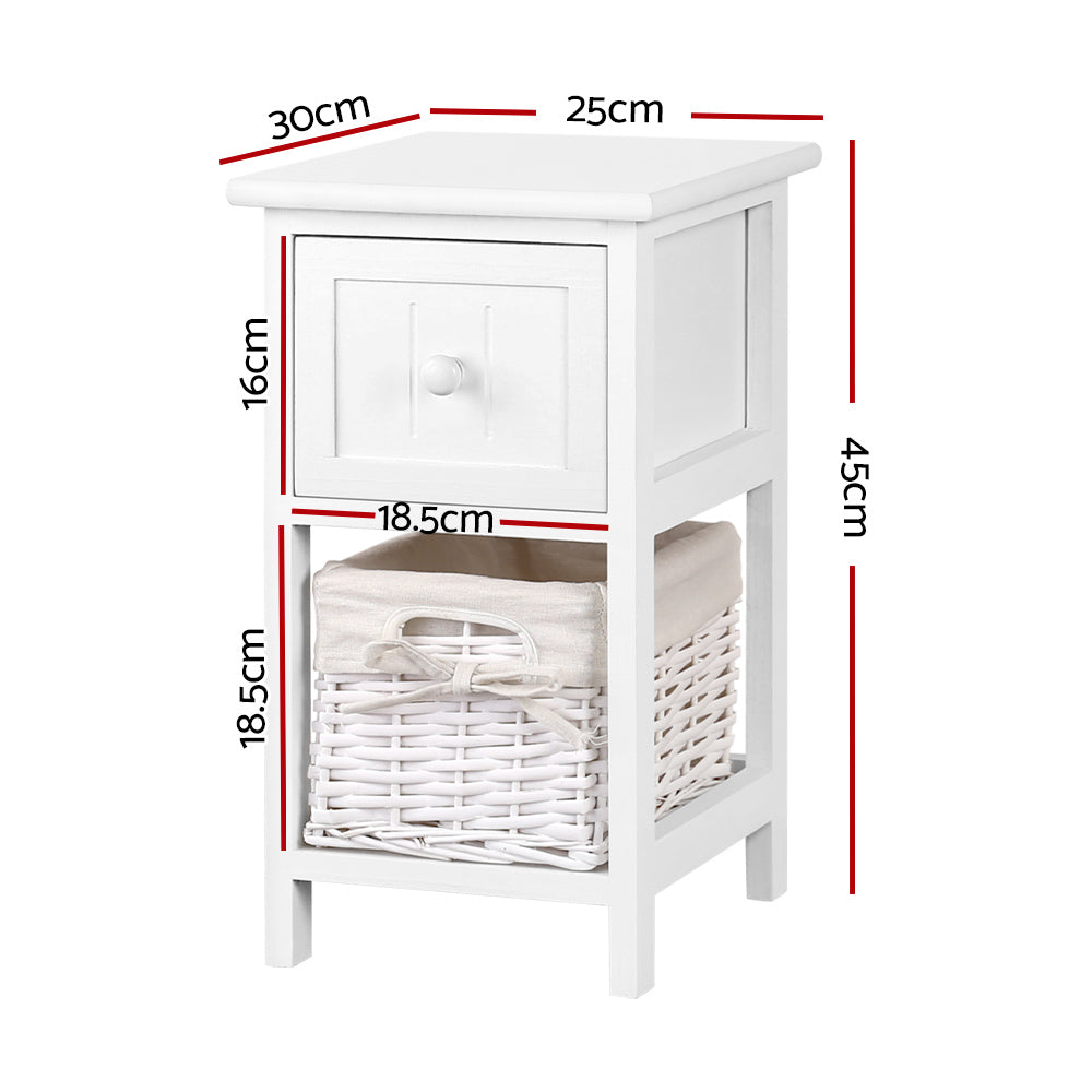 Artiss White Bedside Tables with Baskets, Set of 2