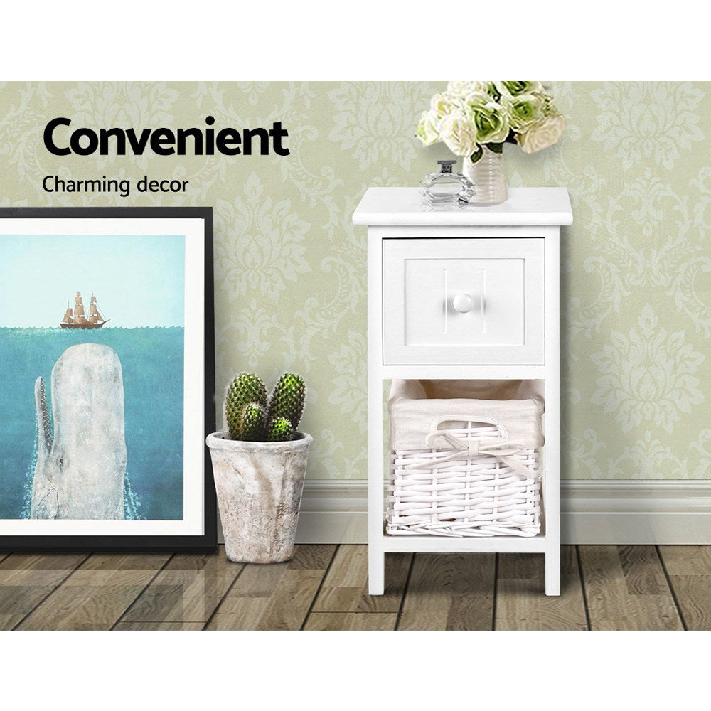 Artiss White Bedside Tables with Baskets, Set of 2