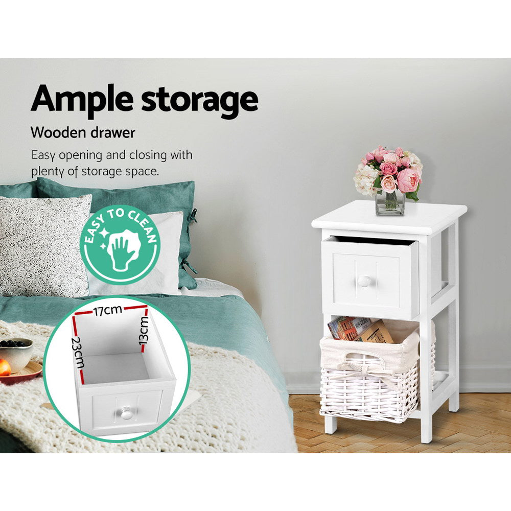Artiss White Bedside Tables with Baskets, Set of 2