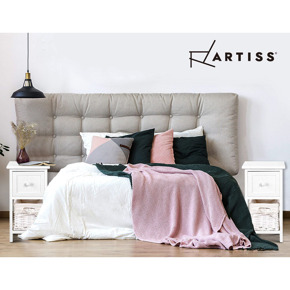 Artiss White Bedside Tables with Baskets, Set of 2