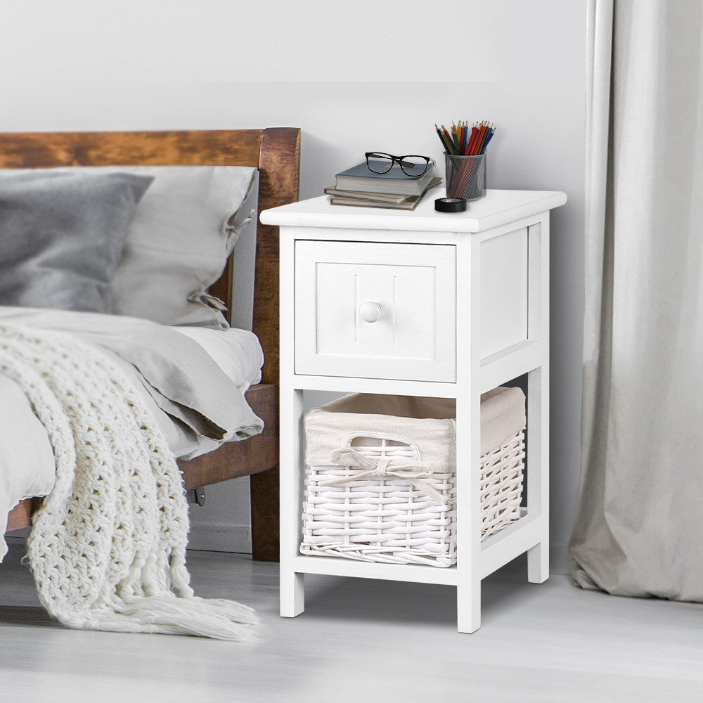 Artiss White Bedside Tables with Baskets, Set of 2