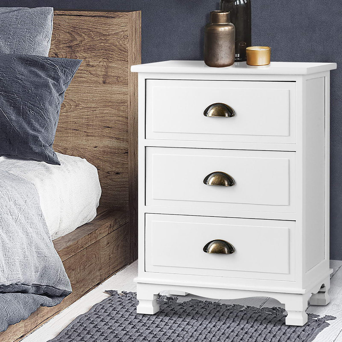 Artiss Thyme White Three Drawer Bedside Tables, Set of 2