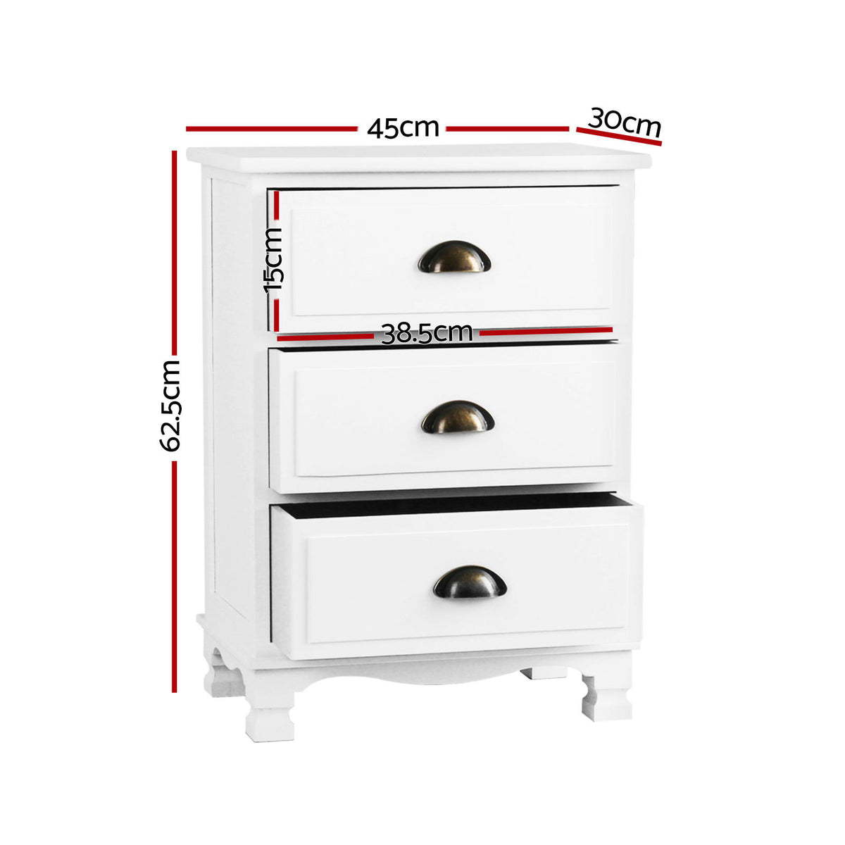 Artiss Thyme White Three Drawer Bedside Tables, Set of 2