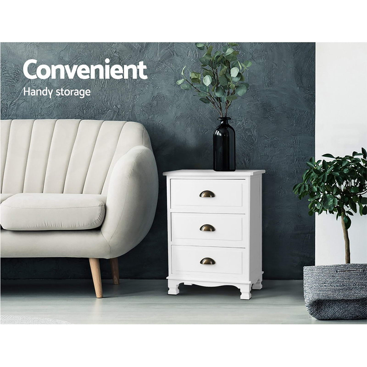 Artiss Thyme White Three Drawer Bedside Tables, Set of 2