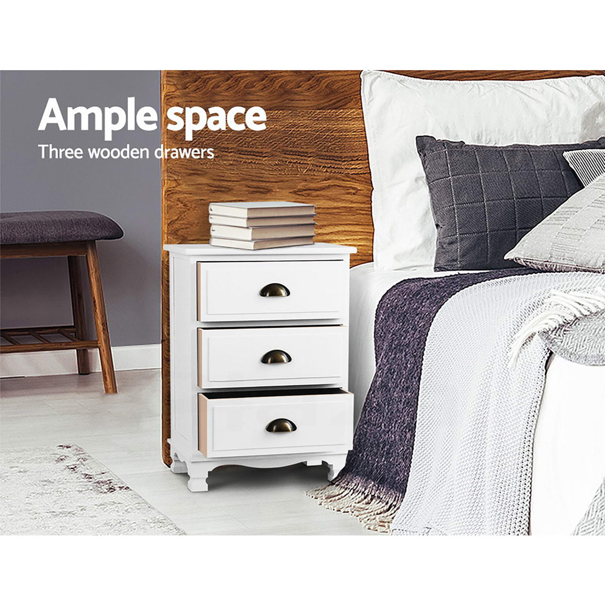 Artiss Thyme White Three Drawer Bedside Tables, Set of 2