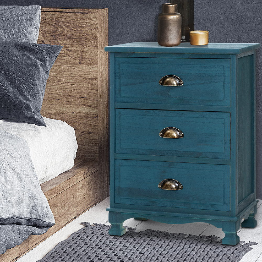Artiss Thyme Blue Bedside Table with Three Drawers
