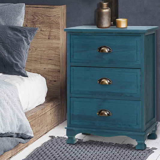 Artiss Thyme Blue Bedside Table with Three Drawers
