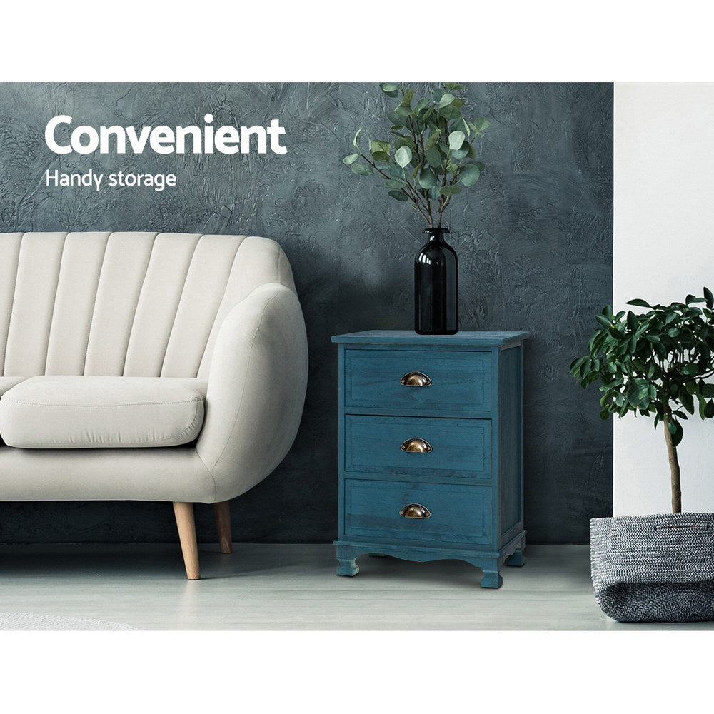 Artiss Thyme Blue Bedside Table with Three Drawers