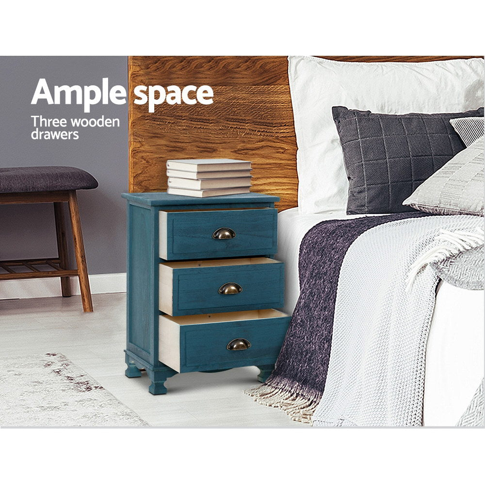 Artiss Thyme Blue Bedside Table with Three Drawers