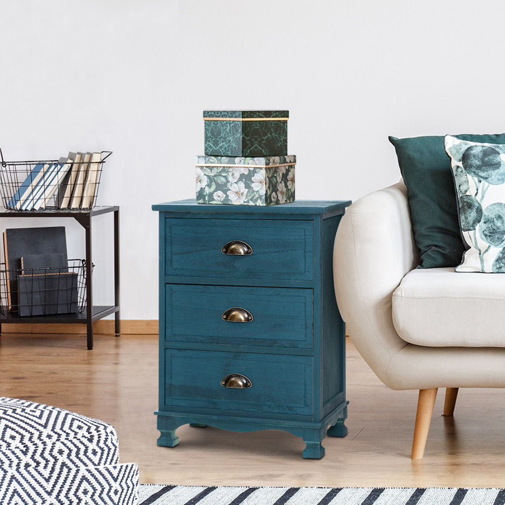 Artiss Thyme Blue Bedside Table with Three Drawers